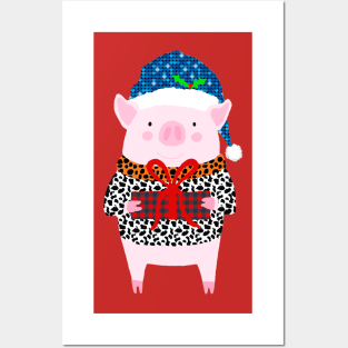 Christmas Pig Holiday Cute Piglet with Gift wearing Blue Santa Hat and Leopard Print Posters and Art